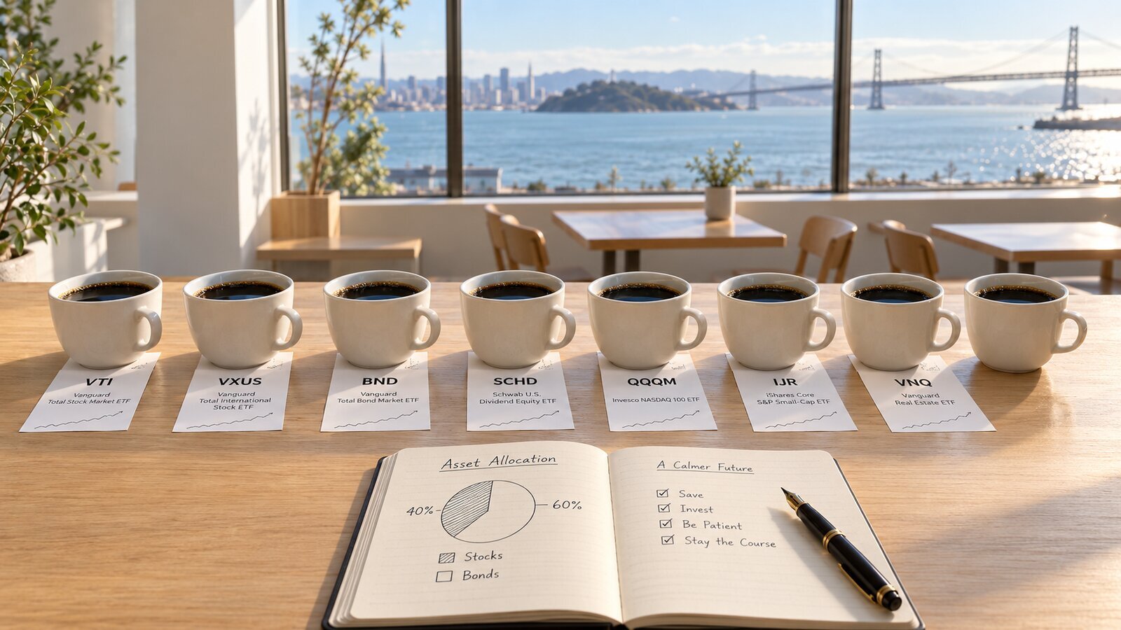 Coffeehouse Portfolio Bill Schultheis FIRE 2026 : allocation 7 fonds lazy (40% bonds + 6x10% actions) et backtest 33 ans